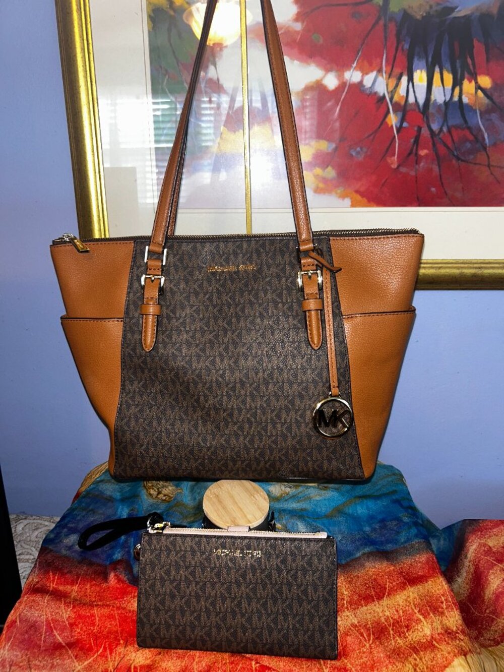 Michael Kors Brown Monogram Tote with Tan Leather Straps & matching wallet NWOT